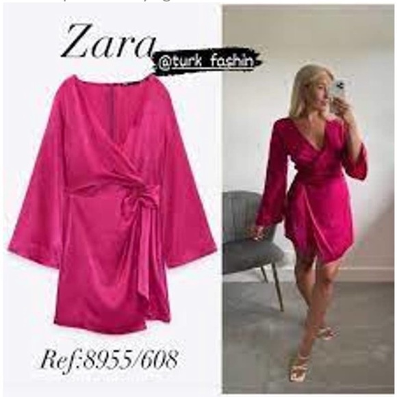 NWT ZARA pink satin effect faux wrap dress - Picture 2 of 11